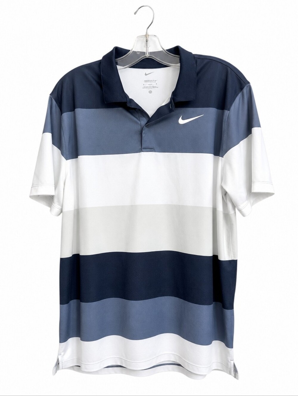 Nike Dri-FIT Men's Medium Blue Gray White Striped Golf Polo Shirt Short Sleeve